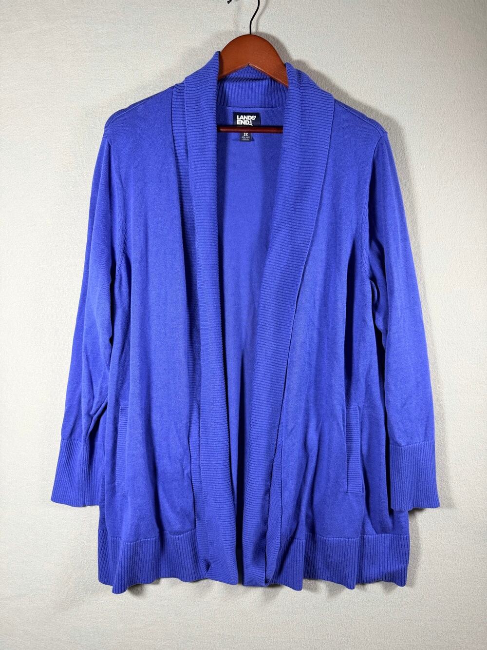 Lands End Womens 2X Plus Shawl Collar Open Front Cardigan Sweater Blue Pockets